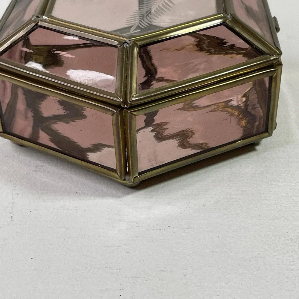 Vintage Purple Glass Jewelry Box Etched Flower Mirrored Brass Base Hexagon